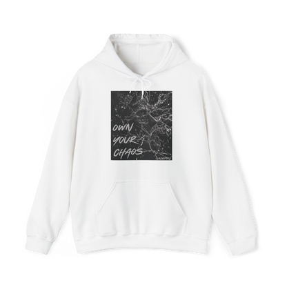 Silent Chaos Men's Hoodie by UNIKFITZ displayed front-facing, featuring a striking black-and-white shattered glass graphic with motivational text. This essential hoodie blends bold streetwear aesthetics with premium comfort, perfect for gym wear, layering, and everyday men's fashion.