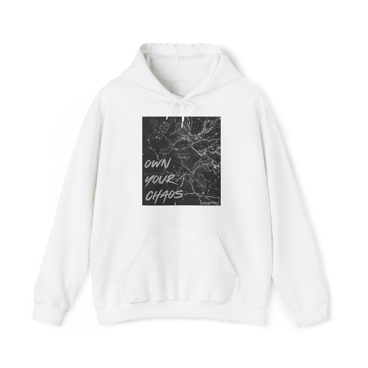 Silent Chaos Men's Hoodie by UNIKFITZ displayed front-facing, featuring a striking black-and-white shattered glass graphic with motivational text. This essential hoodie blends bold streetwear aesthetics with premium comfort, perfect for gym wear, layering, and everyday men's fashion.