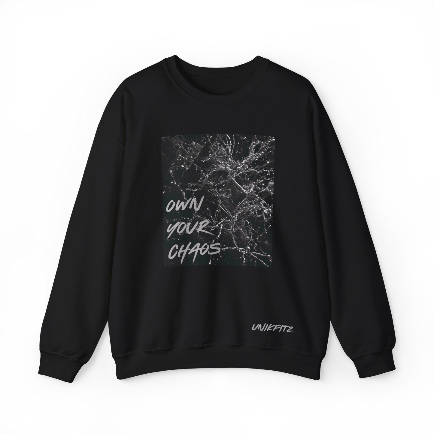 Front view of the Silent Chaos Men's Sweatshirt in black by UNIKFITZ, featuring a black abstract shattered glass print with 'Own Your Chaos' lettering. Designed as an essential men's t-shirt alternative for streetwear lovers, gym enthusiasts, and everyday casual wear