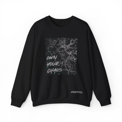 Front view of the Silent Chaos Men's Sweatshirt in black by UNIKFITZ, featuring a black abstract shattered glass print with 'Own Your Chaos' lettering. Designed as an essential men's t-shirt alternative for streetwear lovers, gym enthusiasts, and everyday casual wear