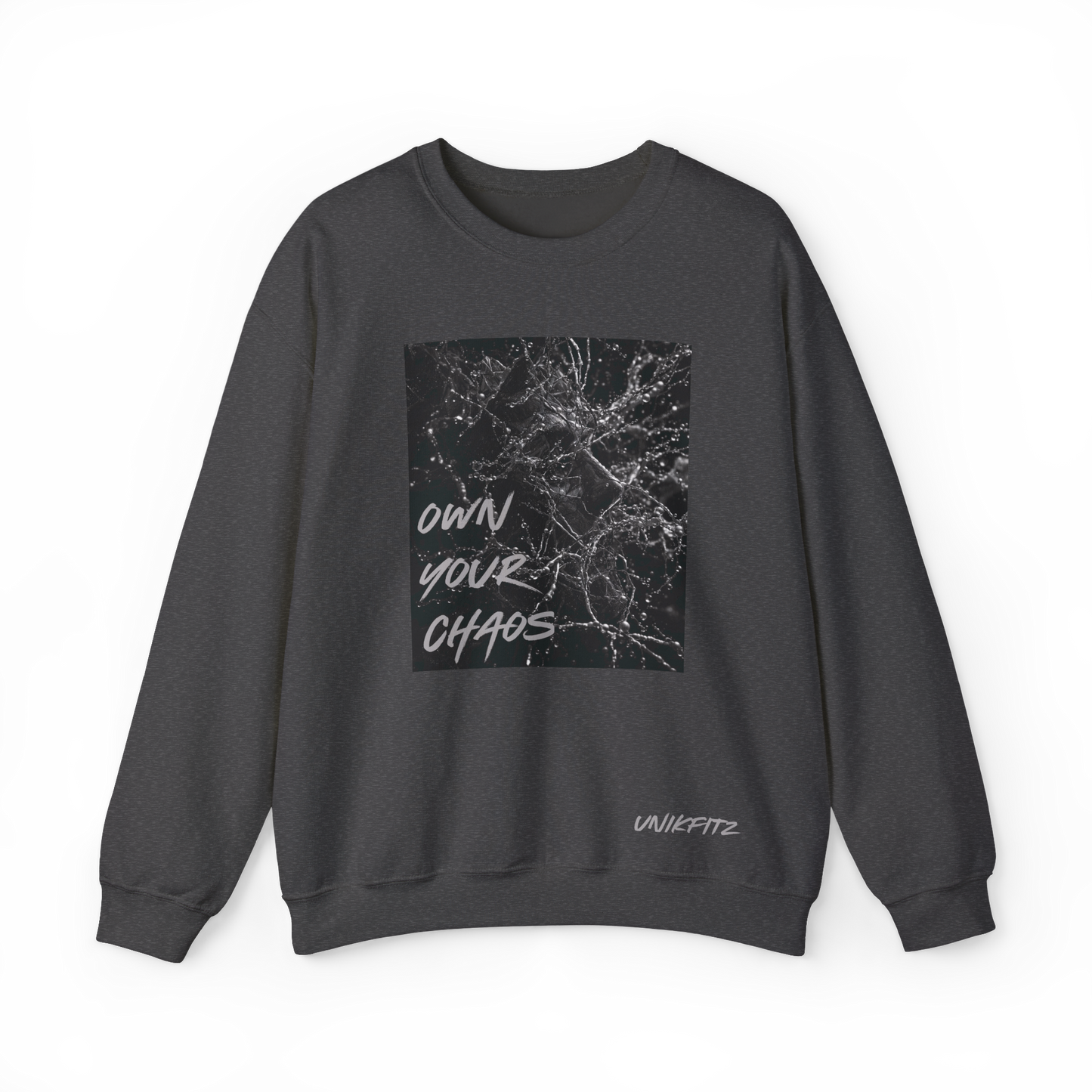 Front view of the Silent Chaos Men's Sweatshirt in Charcoal grey by UNIKFITZ, featuring a black abstract shattered glass print with 'Own Your Chaos' lettering. Designed as an essential men's t-shirt alternative for streetwear lovers, gym enthusiasts, and everyday casual wear.