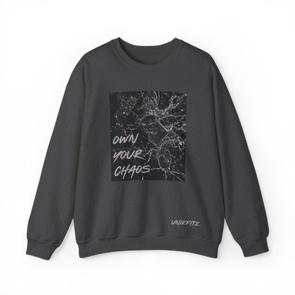 Front view of the Silent Chaos Men's Sweatshirt in Charcoal grey by UNIKFITZ, featuring a black abstract shattered glass print with 'Own Your Chaos' lettering. Designed as an essential men's t-shirt alternative for streetwear lovers, gym enthusiasts, and everyday casual wear.