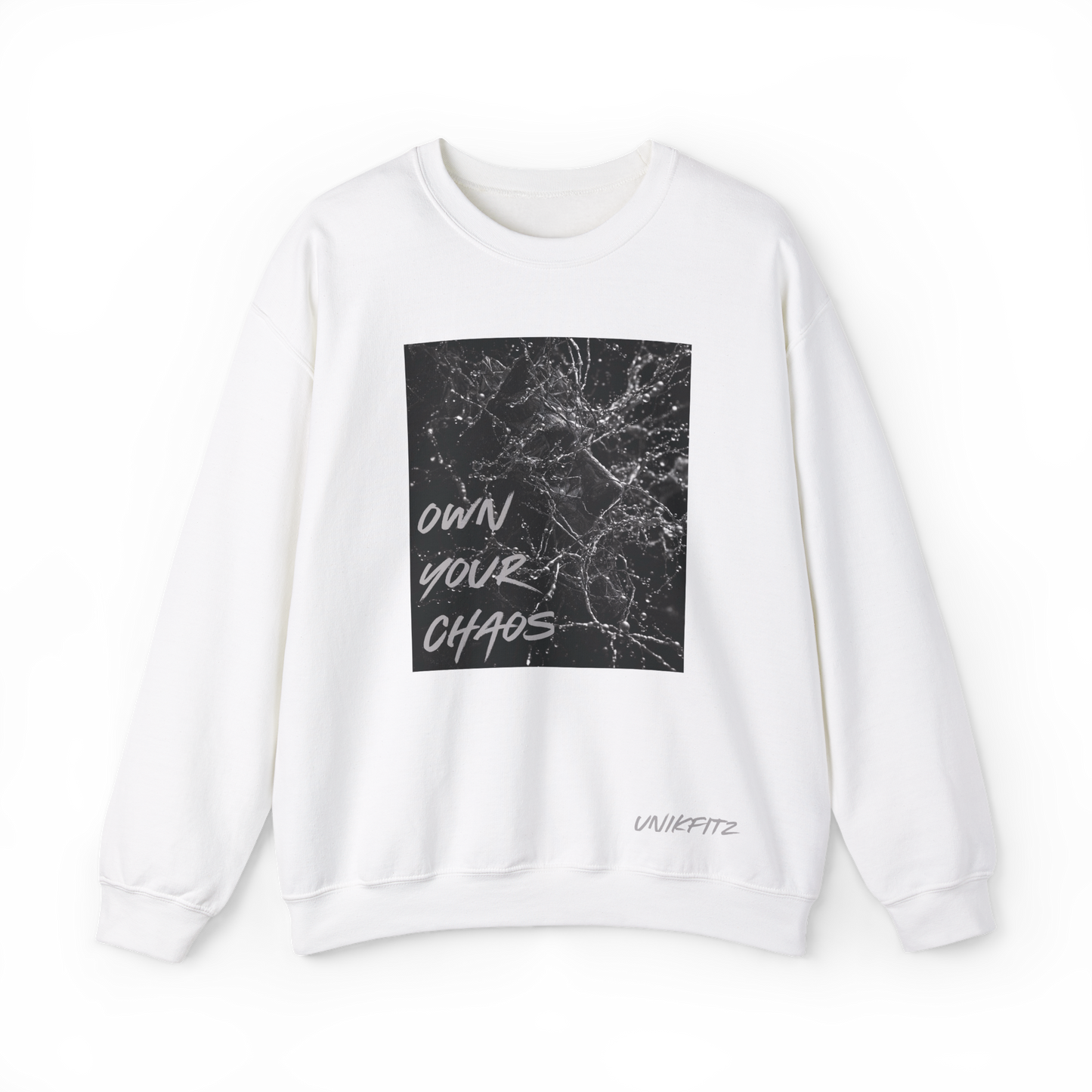 Front view of the Silent Chaos Women's white Sweatshirt in white by UNIKFITZ, featuring a black abstract shattered glass print with 'Own Your Chaos' lettering. Designed as an essential women's t-shirt alternative for streetwear lovers, gym enthusiasts, and everyday casual wear.