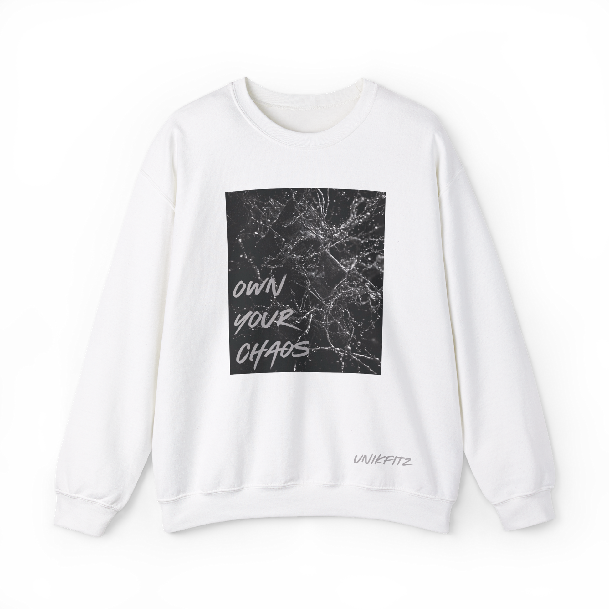 Front view of the Silent Chaos Women's white Sweatshirt in white by UNIKFITZ, featuring a black abstract shattered glass print with 'Own Your Chaos' lettering. Designed as an essential women's t-shirt alternative for streetwear lovers, gym enthusiasts, and everyday casual wear.