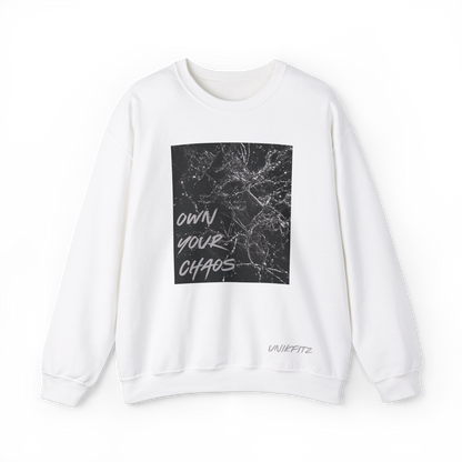 Front view of the Silent Chaos Women's white Sweatshirt in white by UNIKFITZ, featuring a black abstract shattered glass print with 'Own Your Chaos' lettering. Designed as an essential women's t-shirt alternative for streetwear lovers, gym enthusiasts, and everyday casual wear.