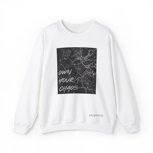 Front view of the Silent Chaos Women's white Sweatshirt in white by UNIKFITZ, featuring a black abstract shattered glass print with 'Own Your Chaos' lettering. Designed as an essential women's t-shirt alternative for streetwear lovers, gym enthusiasts, and everyday casual wear.