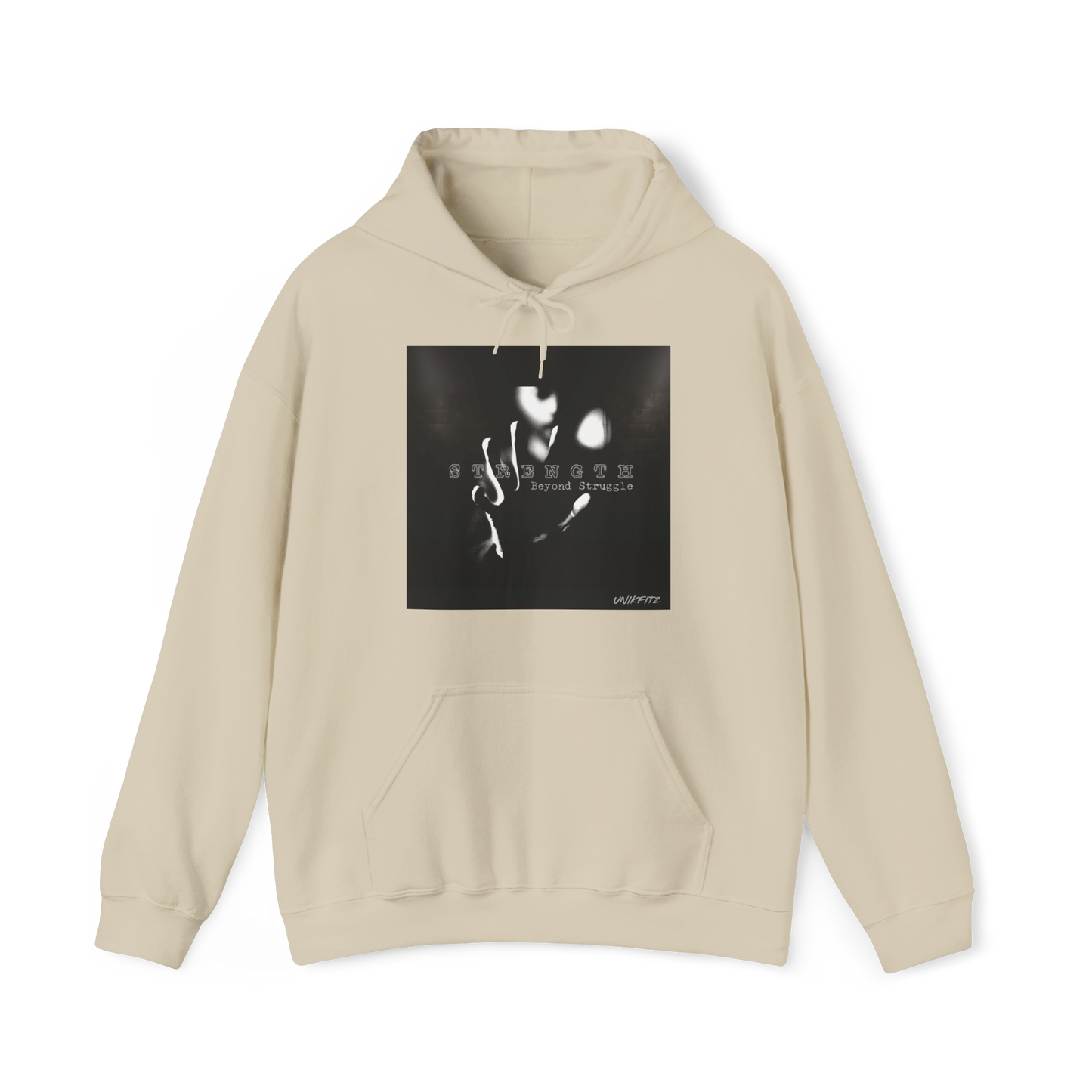 Strength Beyond Men's Beige Hoodie by UNIKFITZ – Featuring a powerful black-and-white design with an urban edge, this Australian streetwear men's clothing piece is perfect for gym enthusiasts and trendsetters. Elevate your men's wear wardrobe with this must-have hoodie