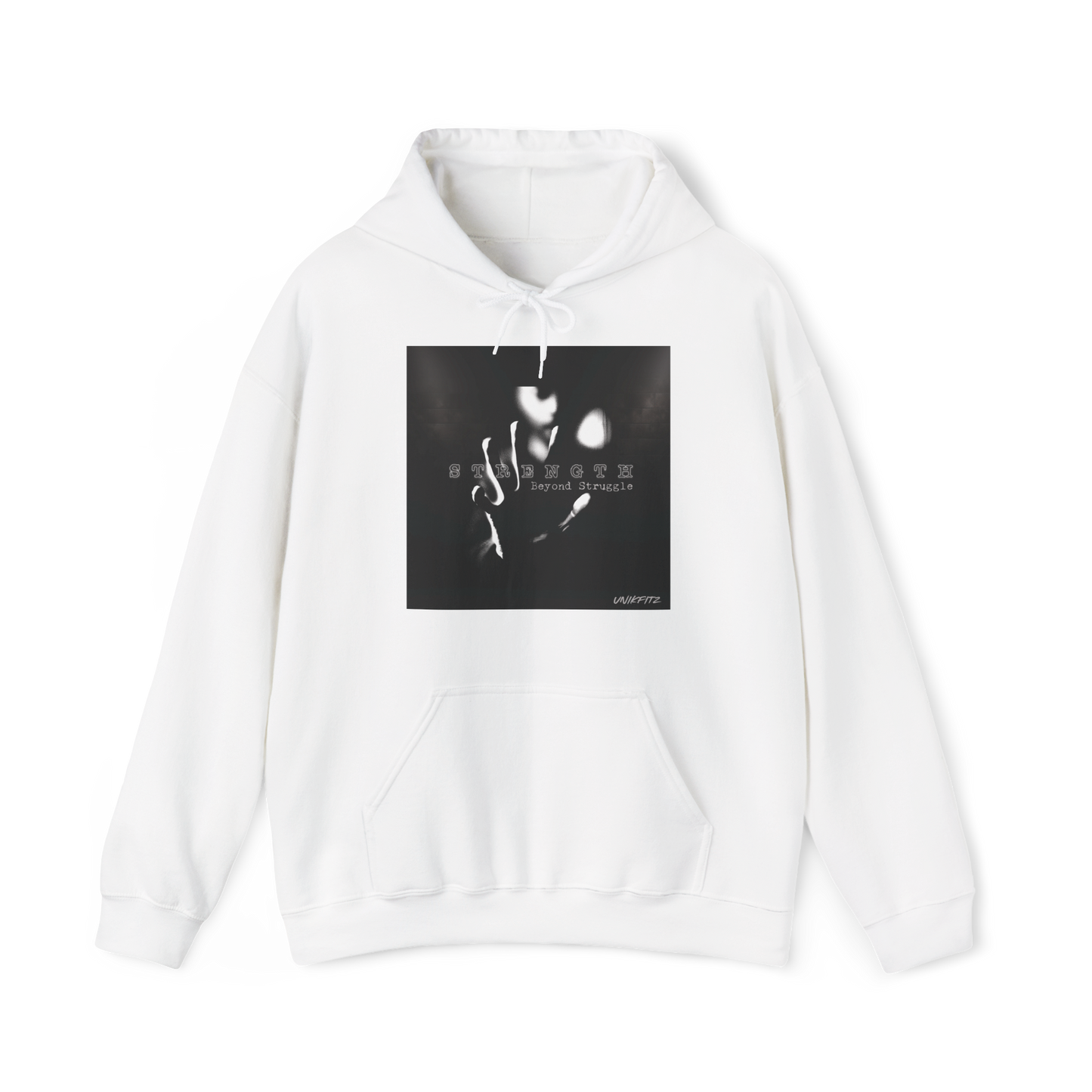 Strength Beyond Men's white Hoodie by UNIKFITZ – Featuring a powerful black-and-white design with an urban edge, this Australian streetwear men's clothing piece is perfect for gym enthusiasts and trendsetters. Elevate your men's wear wardrobe with this must-have hoodie.