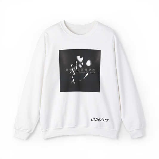 Front view of the Strength Beyond Men's Sweatshirt in white by UNIKFITZ, featuring a striking black and white print with 'Strength Beyond Struggle' typography. A premium streetwear staple for men’s wear, ideal for gym sessions, urban fashion, and casual layering.
