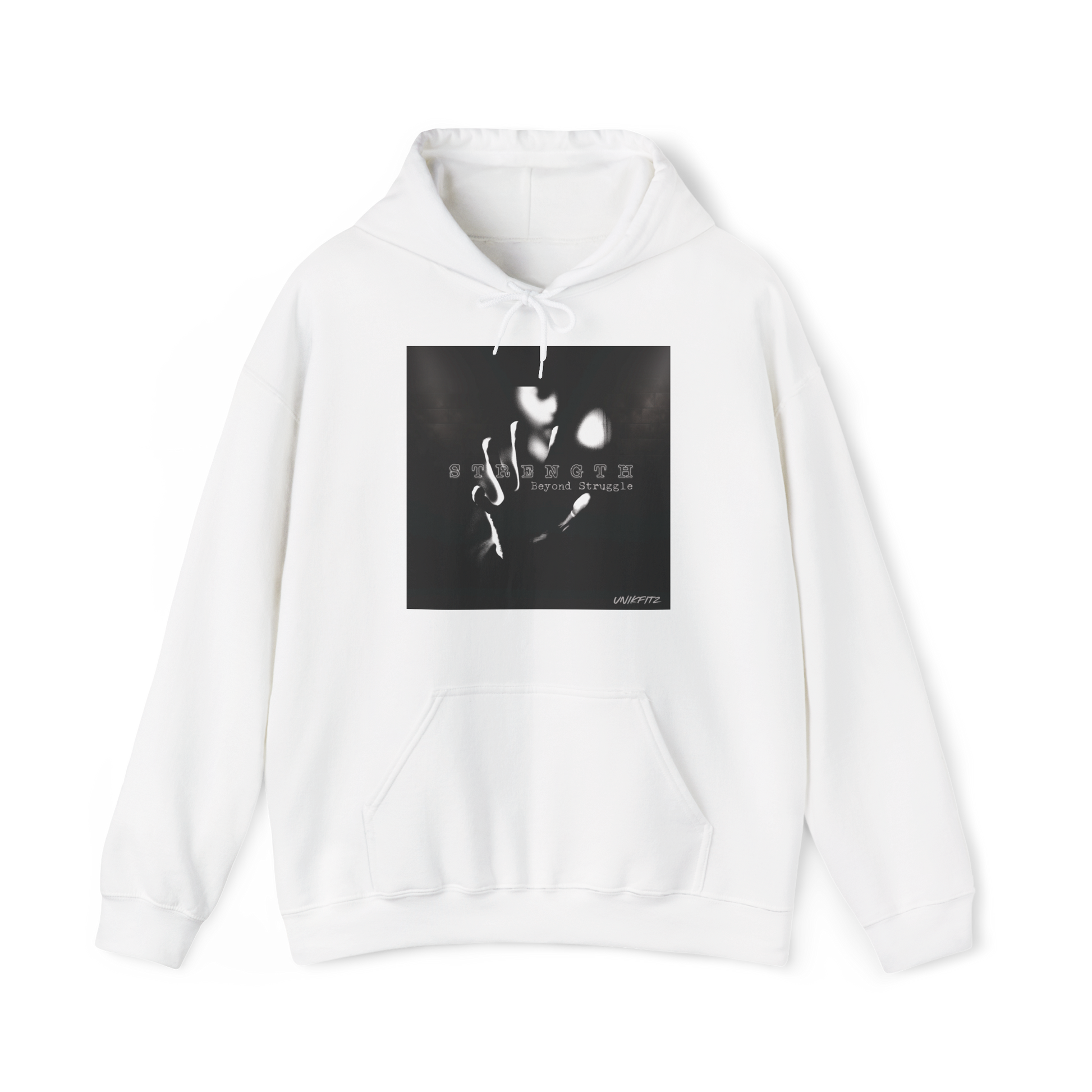 Strength Beyond Women's white Hoodie by UNIKFITZ – Featuring a powerful black-and-white design with an urban edge, this Australian streetwear women's clothing piece is perfect for gym enthusiasts and trendsetters. Elevate your women's wear wardrobe with this must-have hoodie.