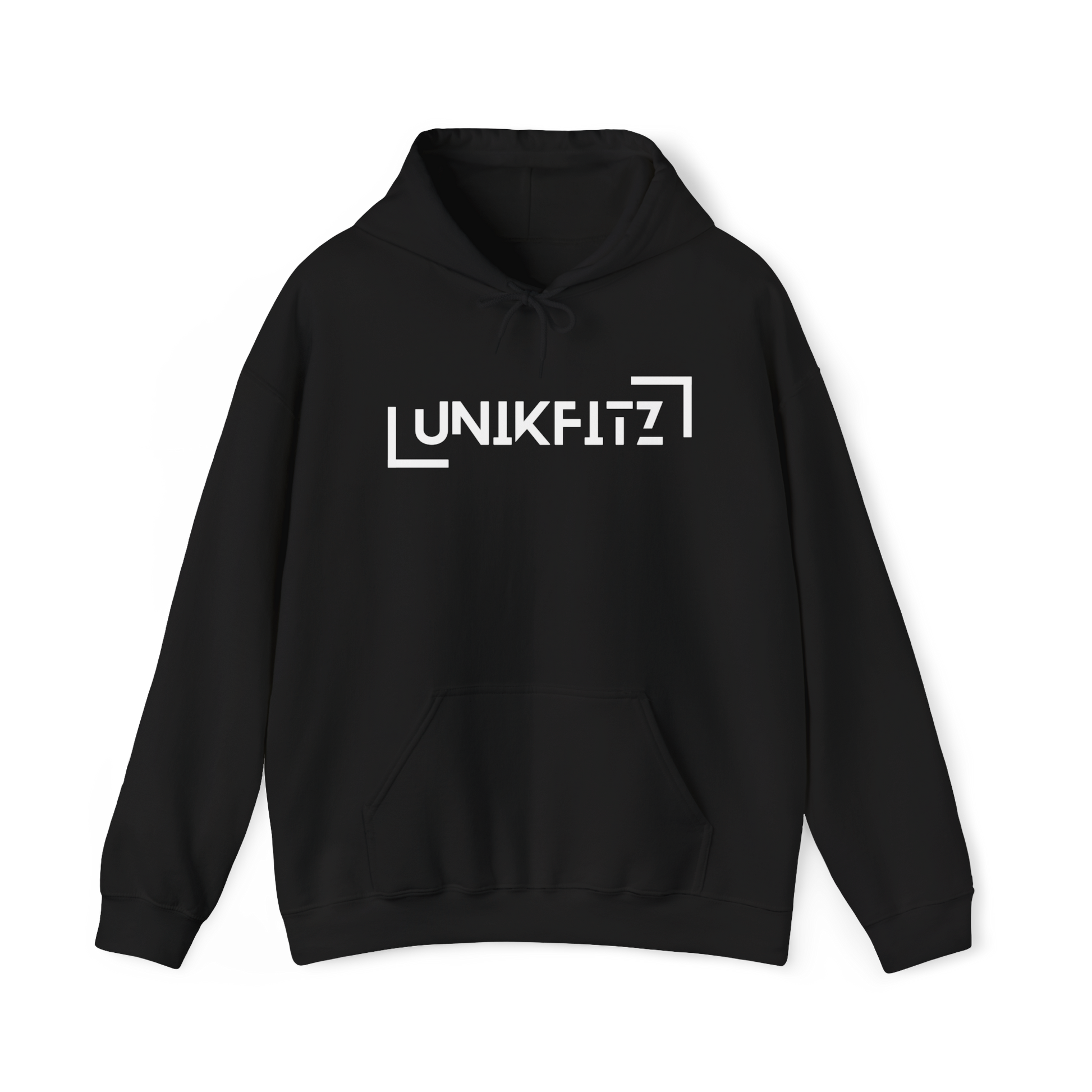 UNIKFITZ women's Hoodie in full front view—sleek black, minimalistic design with statement branding. Perfect for women's streetwear, gym wear, and essential t-shirt styling for modern urban fashion