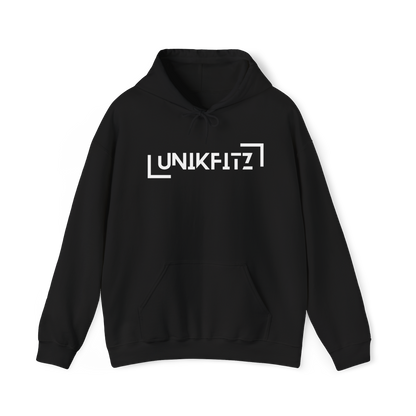 UNIKFITZ women's Hoodie in full front view—sleek black, minimalistic design with statement branding. Perfect for women's streetwear, gym wear, and essential t-shirt styling for modern urban fashion