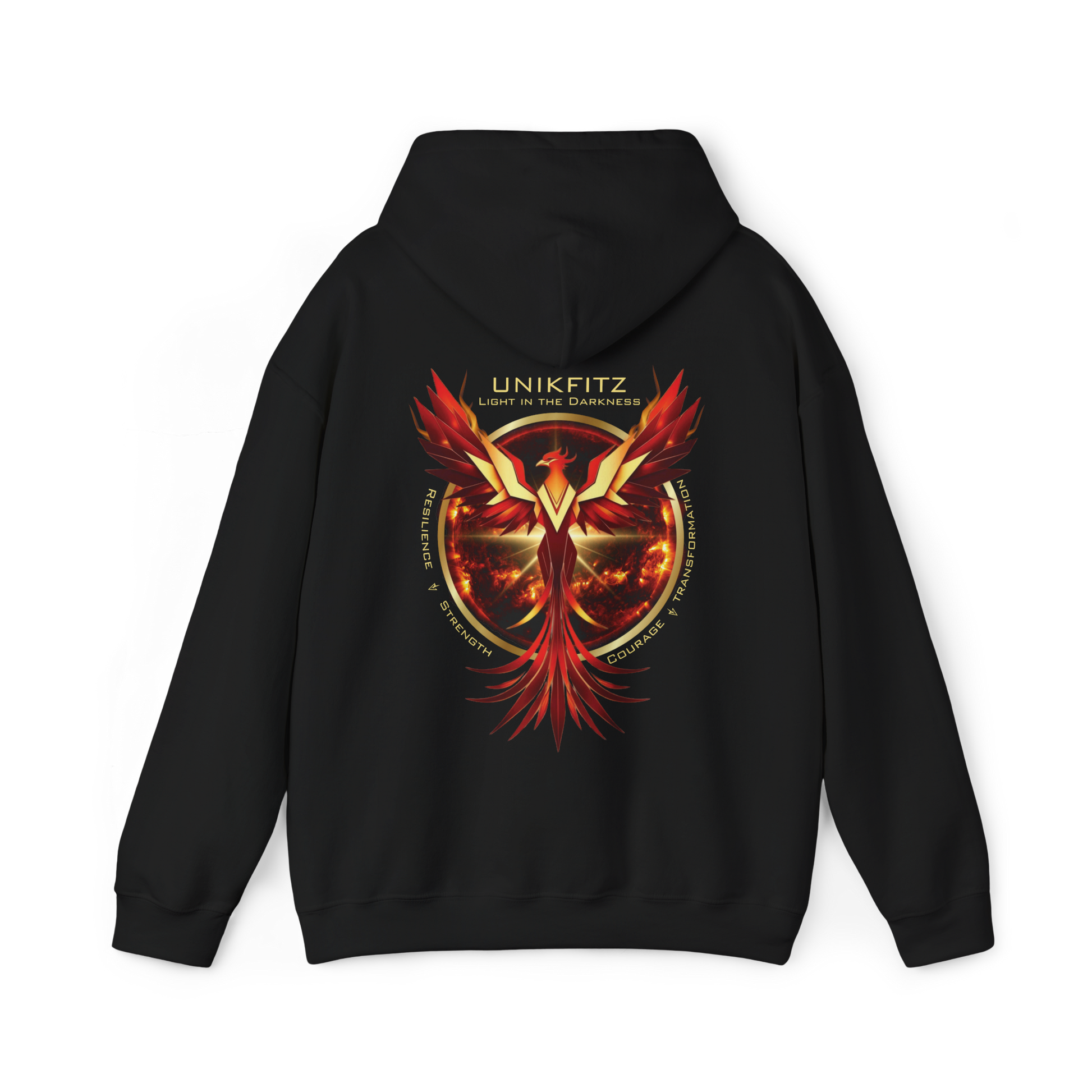 Back of Unbroken women's black Hoodie – bold phoenix graphic with ‘Light in the Darkness’ typography, symbolizing strength and resilience in urban street wear and women's clothing gym fashion.