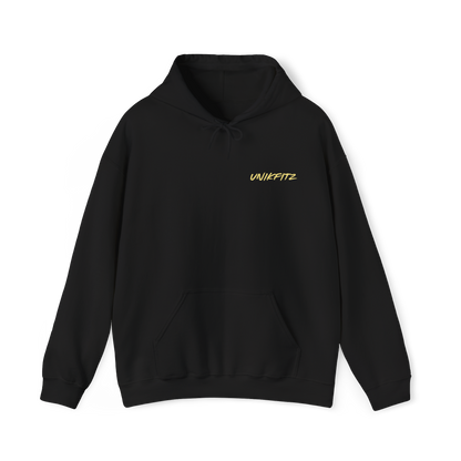 Unbroken women's black Hoodie – sleek black Australian streetwear hoodie with minimalist UNIKFITZ logo in gold, classic fit for women's wear, gym-ready street wear.