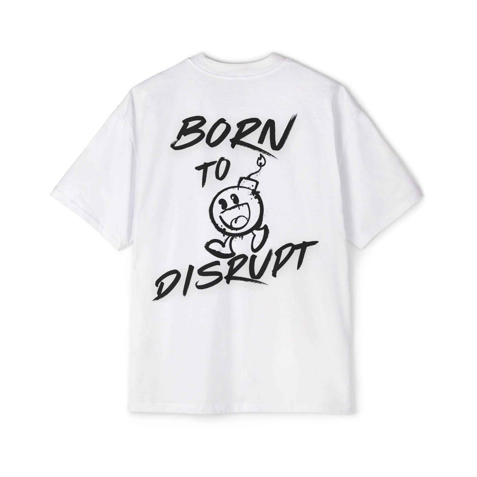 Born to Disrupt oversized t-shirt in white, featuring a graffiti-style bomb graphic with bold typography. This men’s t-shirt essential blends urban fashion with Australian streetwear men's clothing, making it perfect for gym wear, casual styling, and bold self-expression.