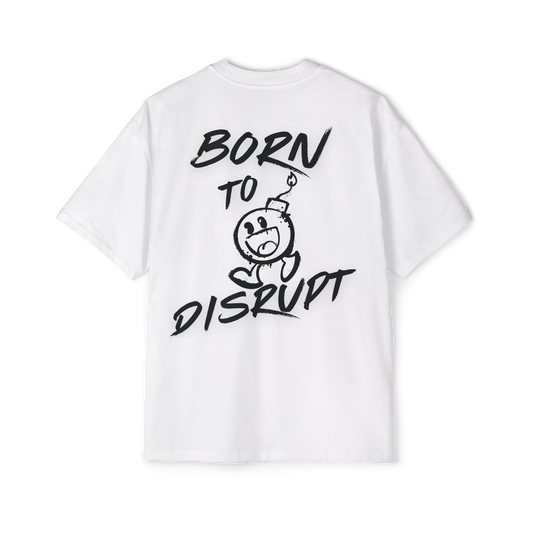 Born to Disrupt oversized t-shirt in white, featuring a graffiti-style bomb graphic with bold typography. This men’s t-shirt essential blends urban fashion with Australian streetwear men's clothing, making it perfect for gym wear, casual styling, and bold self-expression.