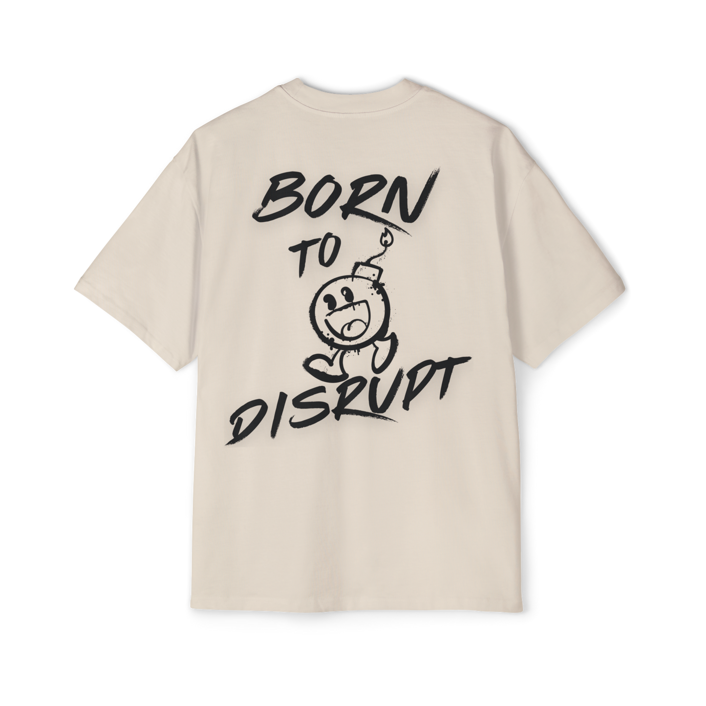 Back view of the 'Born to Disrupt' oversized t-shirt in beige, showcasing graffiti-inspired typography with a rebellious cartoon bomb graphic. This streetwear women's t-shirt is designed for those who challenge norms, with a bold look and premium fabric that fits perfectly into women’s gym clothing and urban fashion