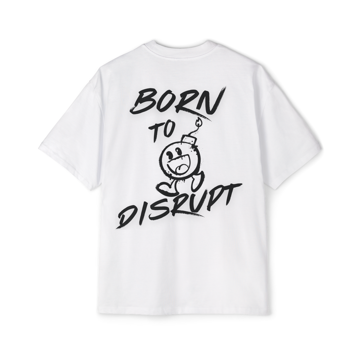 Born to Disrupt oversized t-shirt in white, featuring a graffiti-style bomb graphic with bold typography. This women’s t-shirt essential blends urban fashion with Australian streetwear women's clothing, making it perfect for gym wear, casual styling, and bold self-expression.