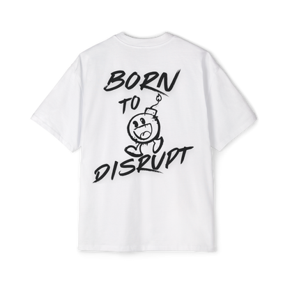 Born to Disrupt oversized t-shirt in white, featuring a graffiti-style bomb graphic with bold typography. This women’s t-shirt essential blends urban fashion with Australian streetwear women's clothing, making it perfect for gym wear, casual styling, and bold self-expression.