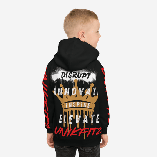 11-year-old boy from the back, wearing the black 'Disrupt Innovate Elevate Inspire' hoodie from Unikfitz active streetwear that motivates, showcasing bold design and urban style