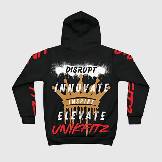 Back view of the Disrupt men's hoodie in black featuring bold motivational words like 'Disrupt,' 'Innovate,' 'Inspire,' and 'Elevate' with a gold dripping crown graphic and red 'Unikfitz' text on the sleeves. This stylish hoodie blends streetwear design with functionality, making it a perfect addition to men's clothing. Ideal for gym sessions, casual outings, or as part of your hoodie essentials, it’s one of the best hooded sweatshirts for men who want to stand out