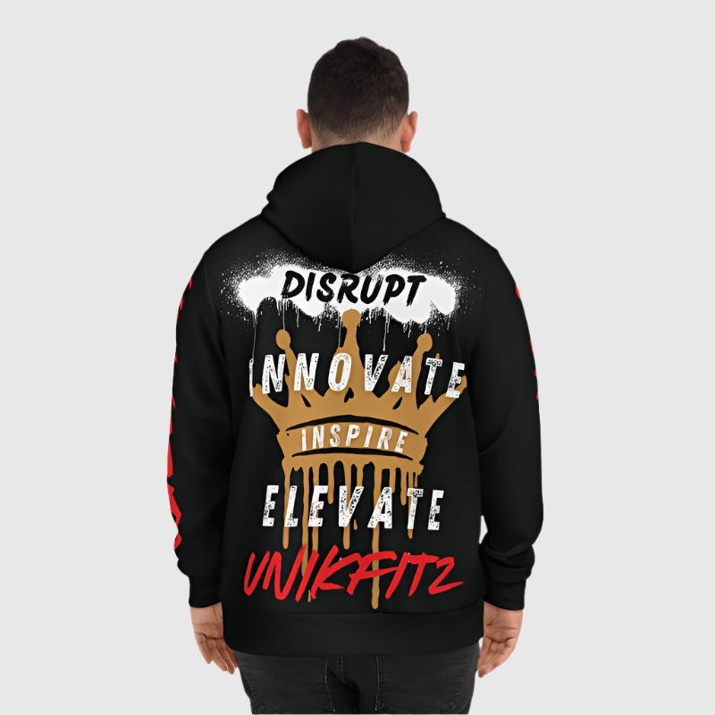 Back view of the Disrupt men's hoodie featuring bold gold crown graphics with motivational words like 'Disrupt,' 'Innovate,' 'Inspire,' and 'Elevate.' This black hoodie combines modern streetwear aesthetics with comfort, making it a standout piece for men's clothing. Perfect as part of hoodie essentials for gym wear, casual outings, or stylish streetwear, this is one of the best hooded sweatshirts for men seeking confidence and individuality.