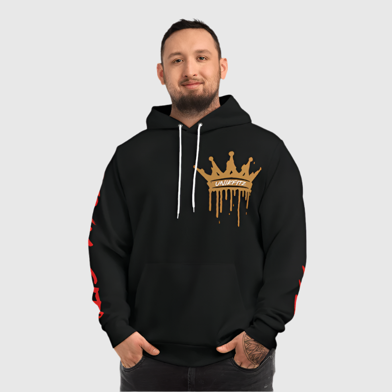 Front view of the Disrupt men's hoodie, featuring a bold gold dripping crown graphic on the chest and striking red text on the sleeves. This black hoodie blends streetwear aesthetics with practicality, making it perfect for casual outings, gym wear, or everyday men's clothing. Ideal as part of hoodie essentials and one of the best hooded sweatshirts for men, it combines comfort, style, and a confident edge