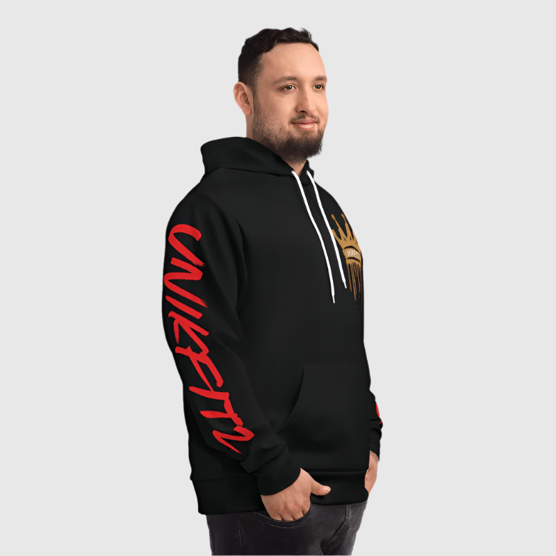 Side view of the Disrupt men's hoodie showcasing bold red 'Unikfitz' text down the sleeve and a gold dripping crown graphic on the chest. This black hoodie blends edgy streetwear design with everyday functionality, making it perfect for casual wear, gym sessions, or as part of hoodie essentials. A standout choice for men's clothing, this is one of the best hooded sweatshirts for men seeking comfort and style