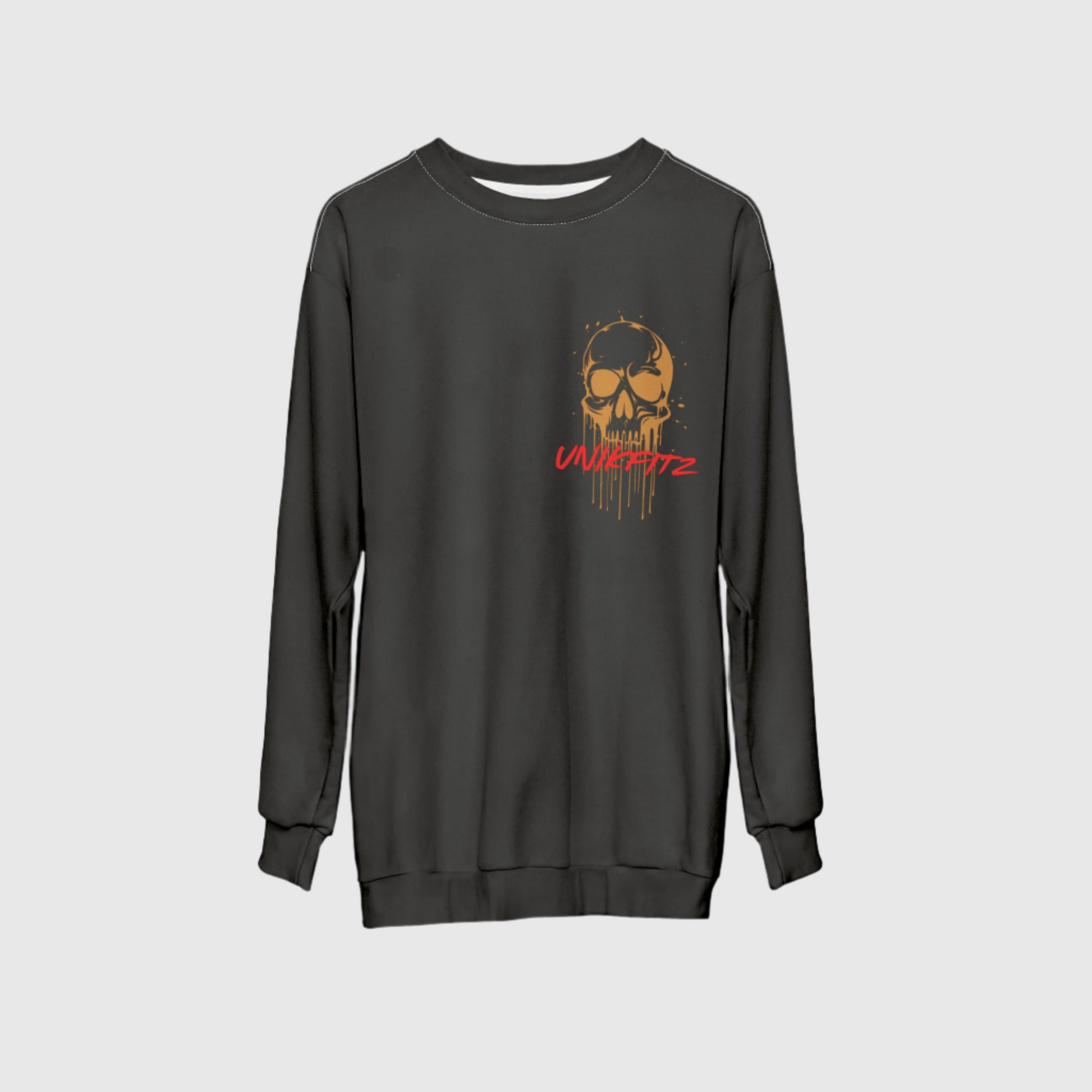 Front view of a dark men's sweatshirt featuring a bold gold skull graphic with a dripping effect and the 'Unikfitz' logo in striking red text beneath it. This essential sweatshirt combines edgy streetwear aesthetics with casual versatility, making it a standout piece for men's wear, perfect for gym sessions, everyday casual outfits, or as a trendy addition to men's clothing collections