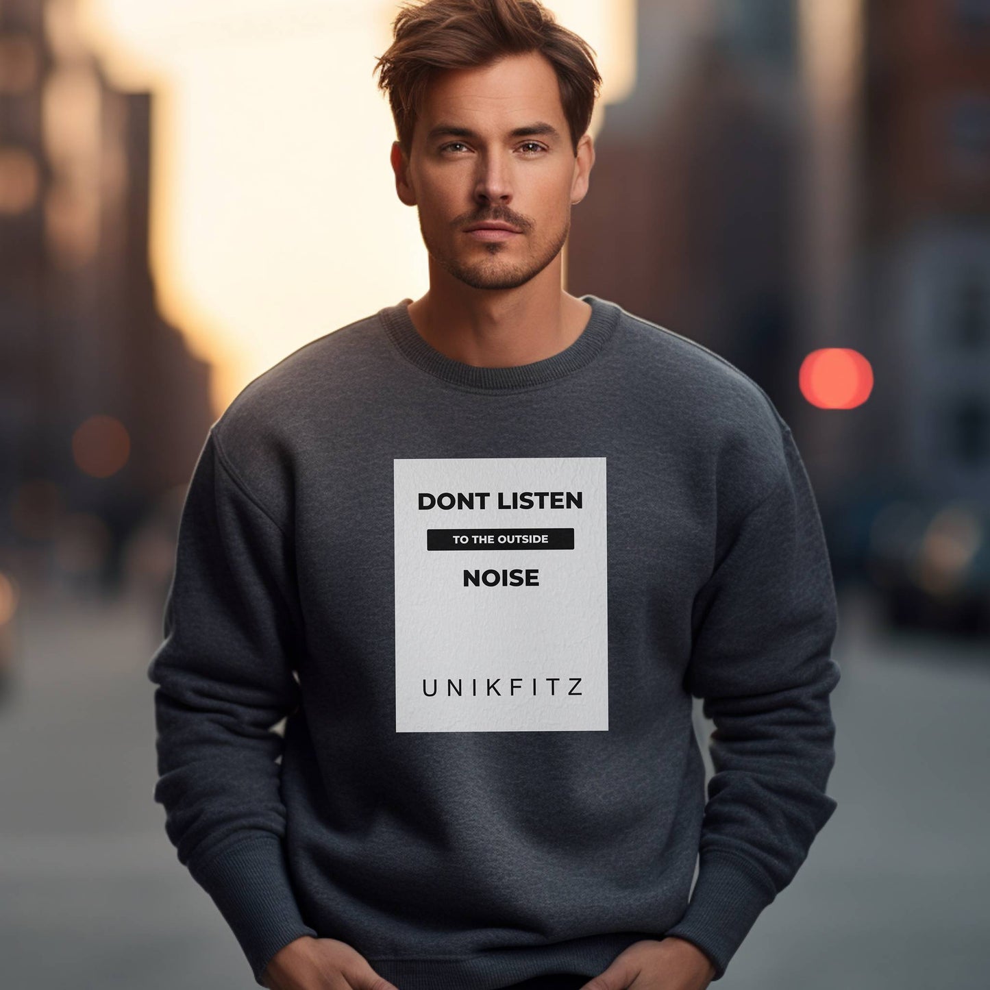 Sophisticated dark heather grey sweatshirt featuring the inspiring phrase 'Don't Listen to the Outside Noise' by Unikfitz. Designed for men's wear enthusiasts who value comfort and stylish streetwear essentials.