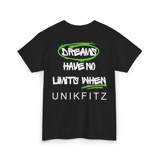 Full back view of the black Dreams Have No Limits T-shirt by UNIKFITZ, featuring bold white typography with green highlights. A standout piece in Australian streetwear, this men's t-shirt is an essential for gym, street wear, and casual fashion.