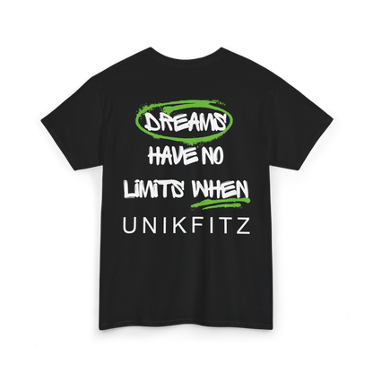 Full back view of the black Dreams Have No Limits T-shirt by UNIKFITZ, featuring bold white typography with green highlights. A standout piece in Australian streetwear, this women's t-shirt is an essential for gym, street wear, and casual fashion.