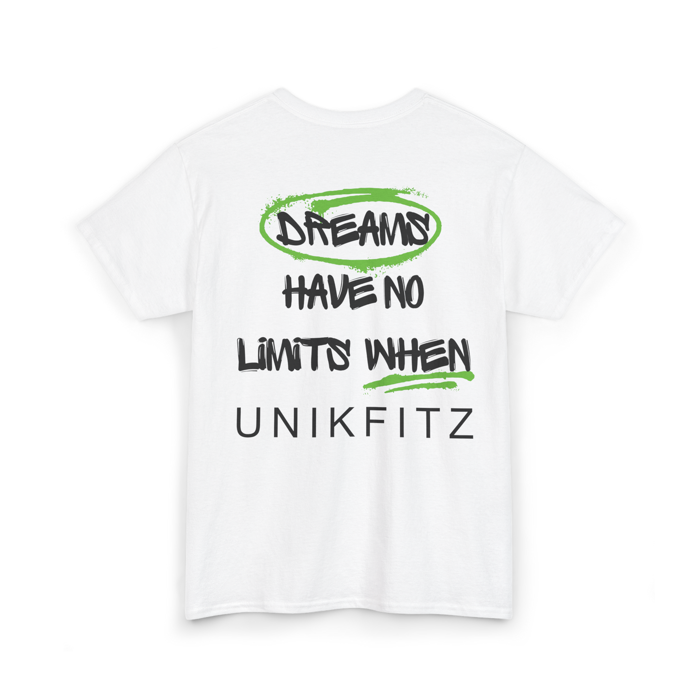 Back view of the 'Dreams Have No Limits' t-shirt by UNIKFITZ, showcasing an eye-catching motivational graphic with bold typography. This women's streetwear essential is designed for gym warriors, trendsetters, and those who believe in breaking limits.