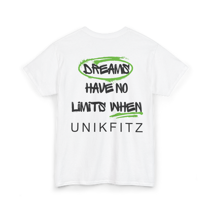 Back view of the 'Dreams Have No Limits' t-shirt by UNIKFITZ, showcasing an eye-catching motivational graphic with bold typography. This women's streetwear essential is designed for gym warriors, trendsetters, and those who believe in breaking limits.