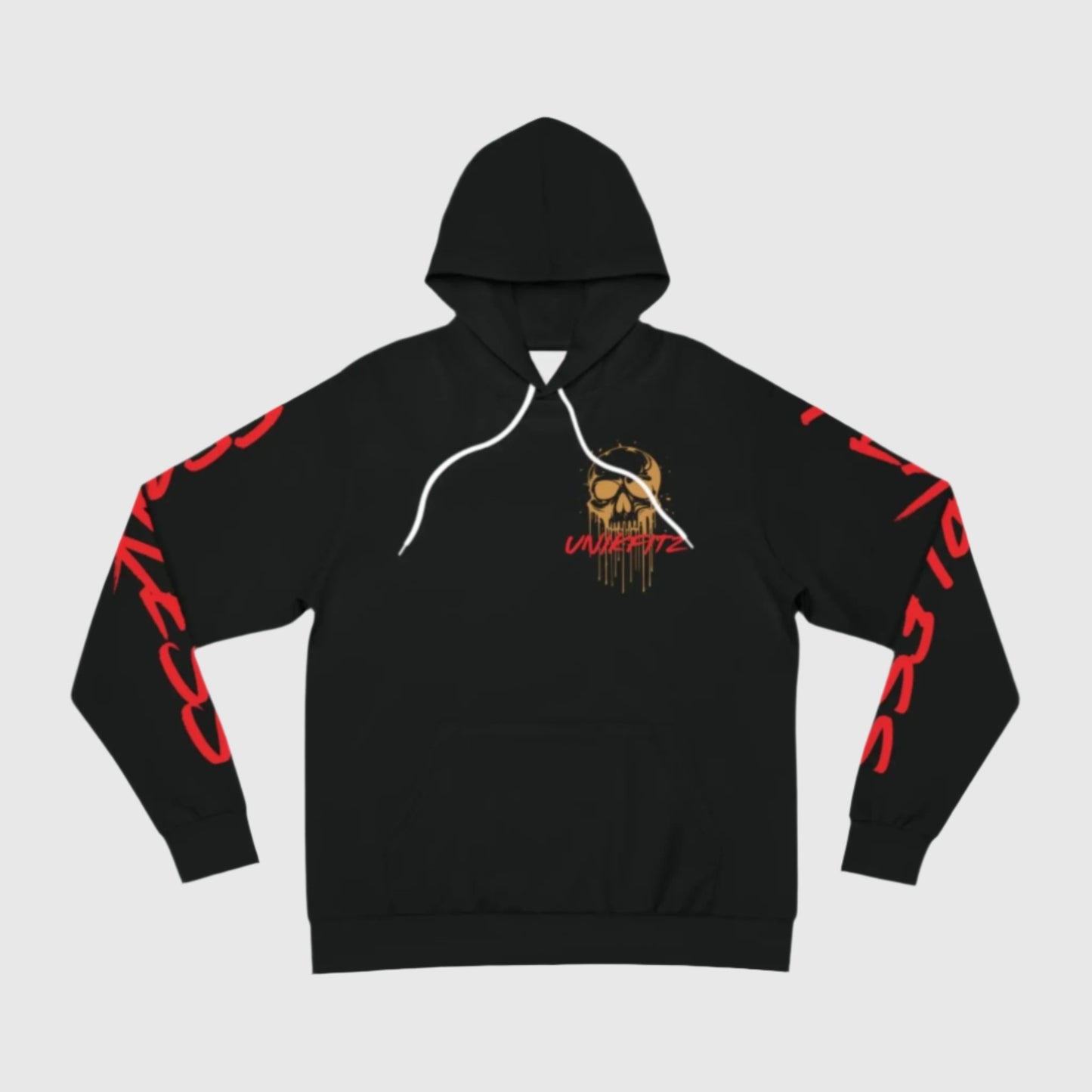 Men's black hoodie featuring a bold golden skull logo with red 'Unikfitz' text on the front, paired with striking red lettering along the sleeves. Perfect for street wear, hoodie essentials, and men's gym fashion.